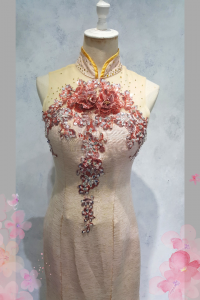 Evening Dress 401Ev10 Cheongsam Nude Roses Sheer Back (2) Oriental Cheong Sam Qi Pao rental Malaysia Kuala Lumpur Petaling Jaya