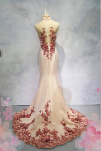 Evening Dress 401Ev10 Cheongsam Nude Roses Sheer Back (3) Oriental Cheong Sam Qi Pao rental Malaysia Kuala Lumpur Petaling Jaya