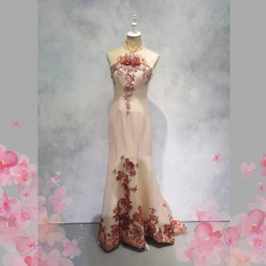 Evening Dress 401Ev10 Cheongsam Nude Roses Sheer Back Oriental Cheong Sam Qi Pao rental Malaysia Kuala Lumpur Petaling Jaya