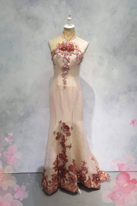 Evening Dress 401Ev10 Cheongsam Nude Roses Sheer Back Oriental Cheong Sam Qi Pao rental Malaysia Kuala Lumpur Petaling Jaya