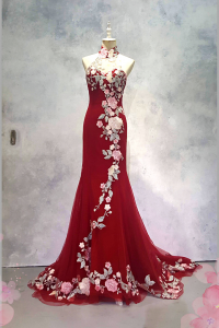 2210EL06E01 Aya Cheongsam Red tulle with Pink Rose (2) Oriental Cheong Sam Qi Pao rental Malaysia Kuala Lumpur Petaling Jaya Evening Dress