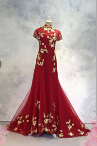222EL03EL01 Cherry PLUS Cheongsam Red Cherry Blossom Oriental Cheong Sam Qi Pao rental Malaysia Kuala Lumpur Petaling Jaya Evening Dress
