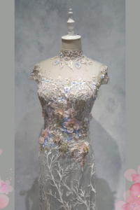 Evening Dress XN71E07 Grey Pink Floral High Neck Cheng Sam 32 Oriental Cheong Sam Qi Pao rental Malaysia Kuala Lumpur Petaling Jaya