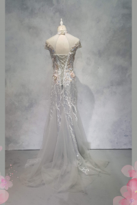 Evening Dress XN71E07 Grey Pink Floral High Neck Cheng Sam 33 Oriental Cheong Sam Qi Pao rental Malaysia Kuala Lumpur Petaling Jaya