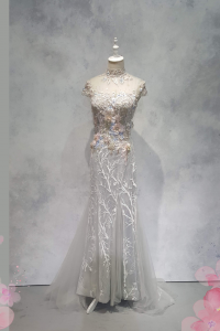 Evening Dress XN71E07 Grey Pink Floral High Neck Cheng Sam 31 Oriental Cheong Sam Qi Pao rental Malaysia Kuala Lumpur Petaling Jaya