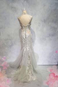 Evening Dress XN71E01 Silver Grey High Neck Trumpet Cheong Sam (3) Oriental Cheong Sam Qi Pao rental Malaysia Kuala Lumpur Petaling Jaya