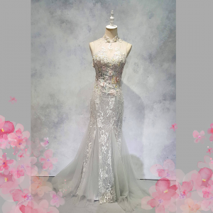 Evening Dress XN71E01 Silver Grey High Neck Trumpet Cheong Sam Oriental Cheong Sam Qi Pao rental Malaysia Kuala Lumpur Petaling Jaya