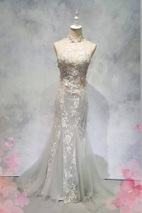 Evening Dress XN71E01 Silver Grey High Neck Trumpet Cheong Sam Oriental Cheong Sam Qi Pao rental Malaysia Kuala Lumpur Petaling Jaya