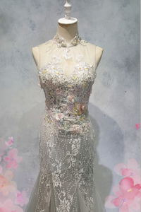 Evening Dress XN71E01 Silver Grey High Neck Trumpet Cheong Sam (2) Oriental Cheong Sam Qi Pao rental Malaysia Kuala Lumpur Petaling Jaya